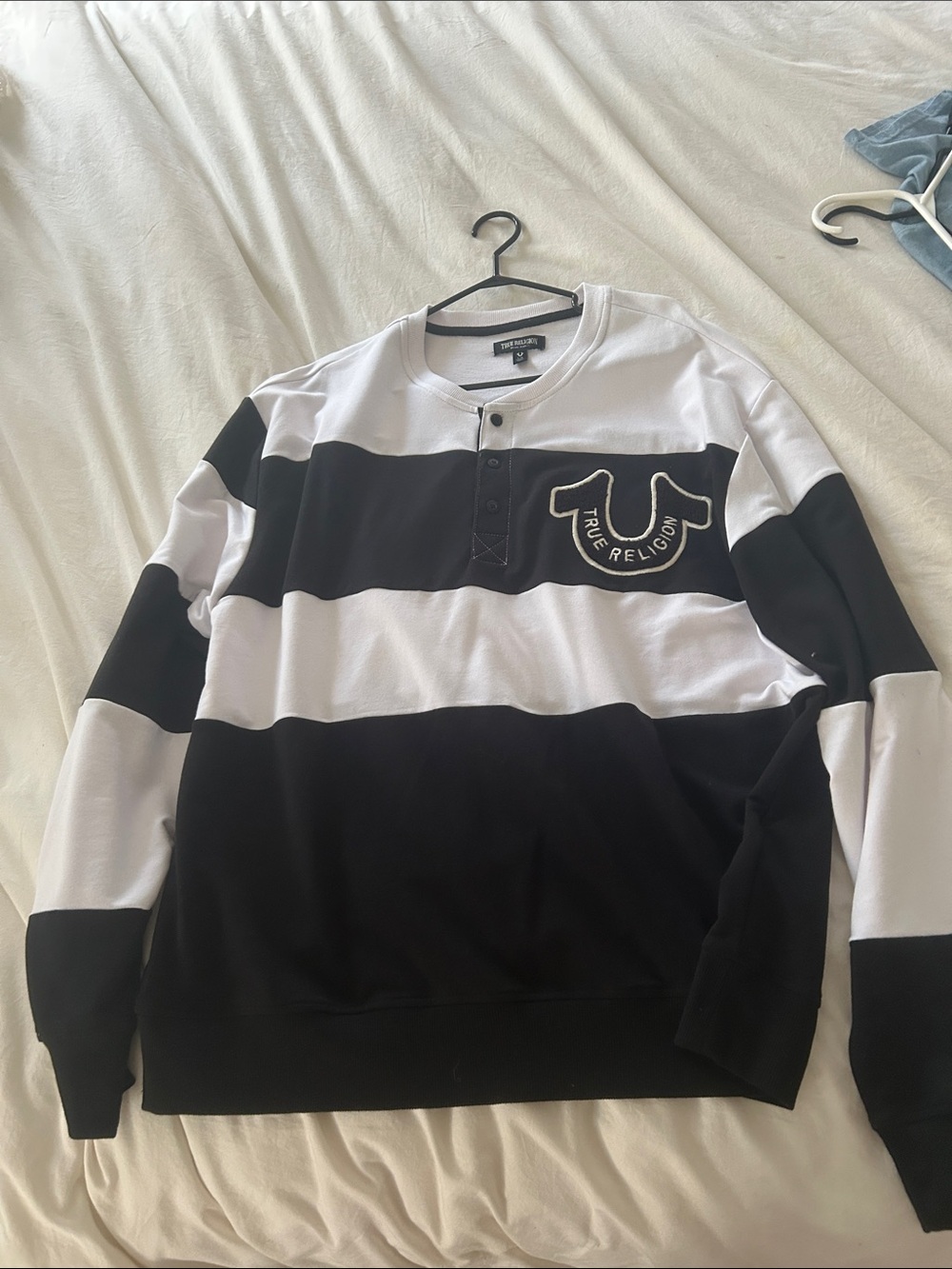 True Religion Black & White Striped Crewneck Henley Sweatshirt